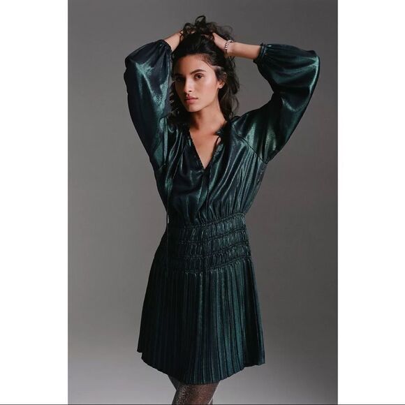 NEW Anthropologie Current Air Drea Holly Shimmer Pleated V-Neck Mini Dress Small - Picture 2 of 4